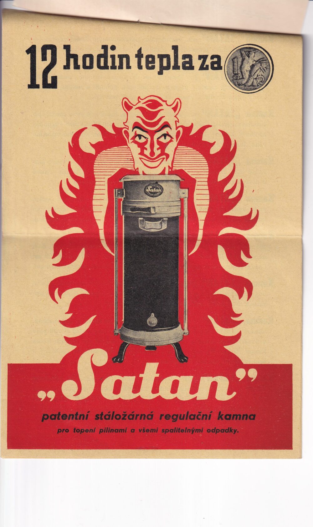 Leták Satan stáložárná regulační kamna, Velké Meziříčí 1.pol.20.st.