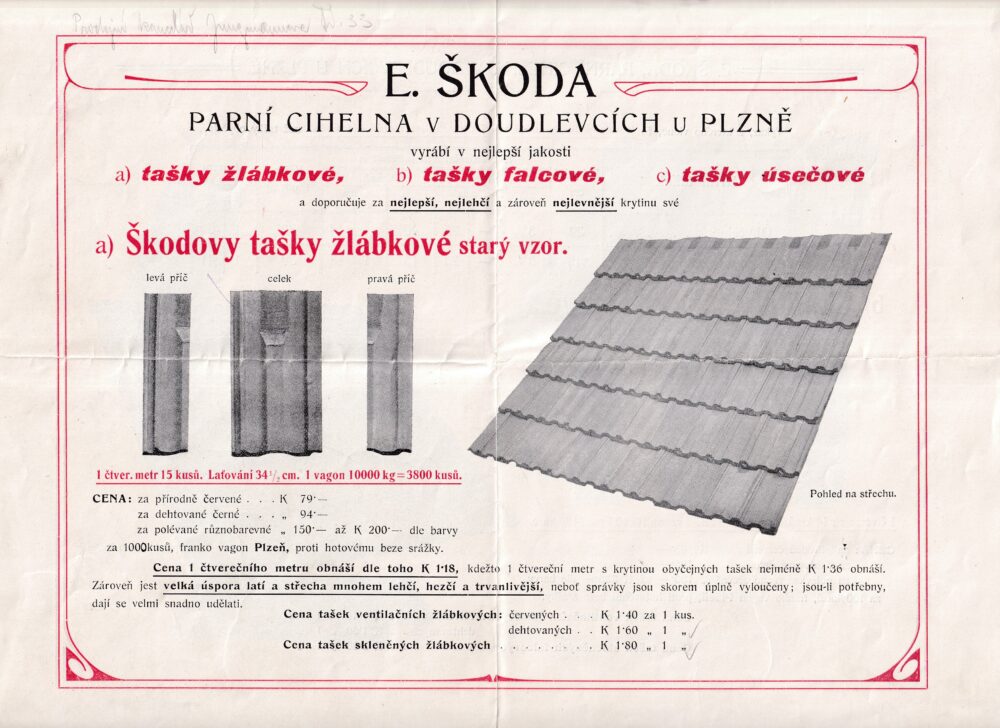 Leták Parní cihelna-střešní tašky...E.Škoda Doudlevce r.1910