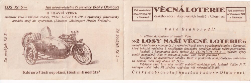 Leták Válečná loterie čs.dobrovolných hasičů Olomouc 1924