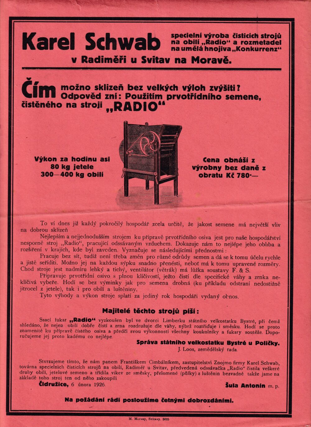 Leták Čistící stroje na obilí Radio, Schwab Radiměř r.1926