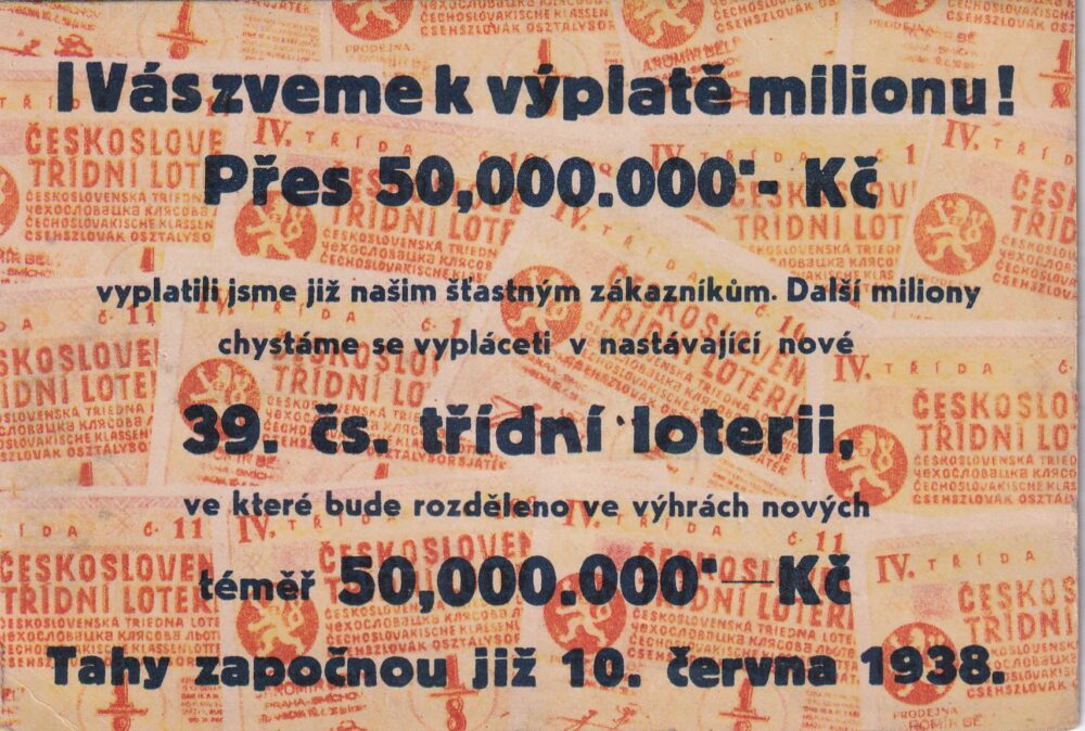 Reklama barevná rozkládací karta čs.třídní loterie Bělík a spol. r.1938
