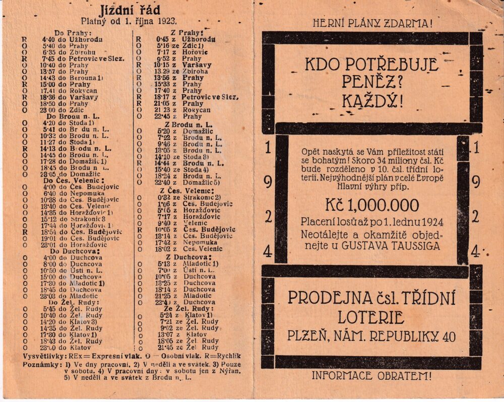 Reklama čsl.třídní loterie Plzeň, kalendářík a jízdní řád r.1923