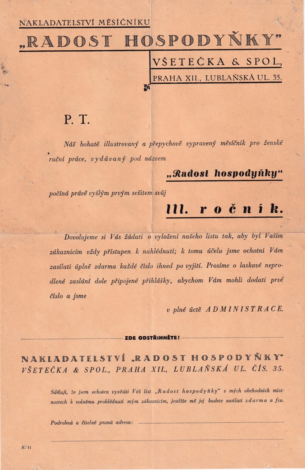 Reklama na předplacení měsíčníku Radost hospodyňky 1.pol.20.st.