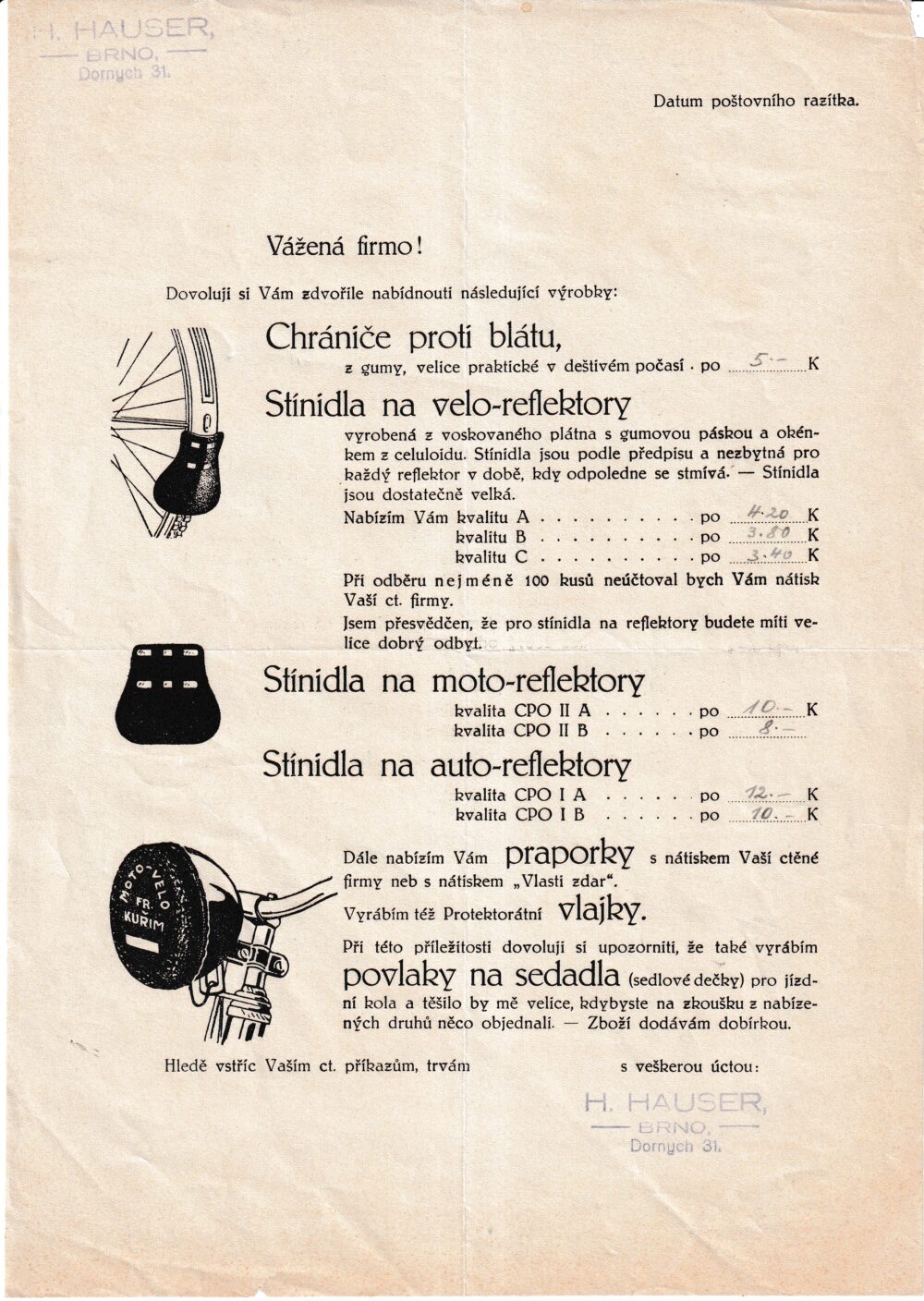 Leták Stínidla na moto,auto,velo – reflektory...Hauser 1.pol.20.st.