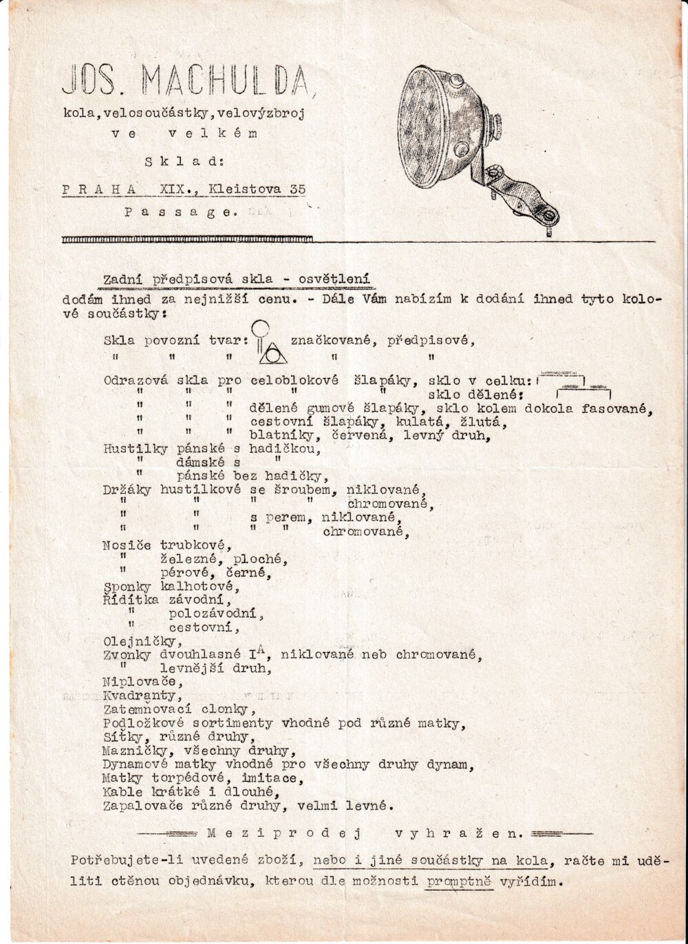 Leták kola, velosoučástky a velovýzbroj, Machulda 1.pol.20.stol.