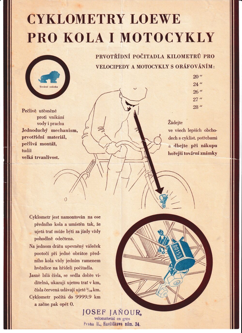 Leták Cyklometry Loewe pro kola i motocykly, Jaňour 1.pol.20.st.