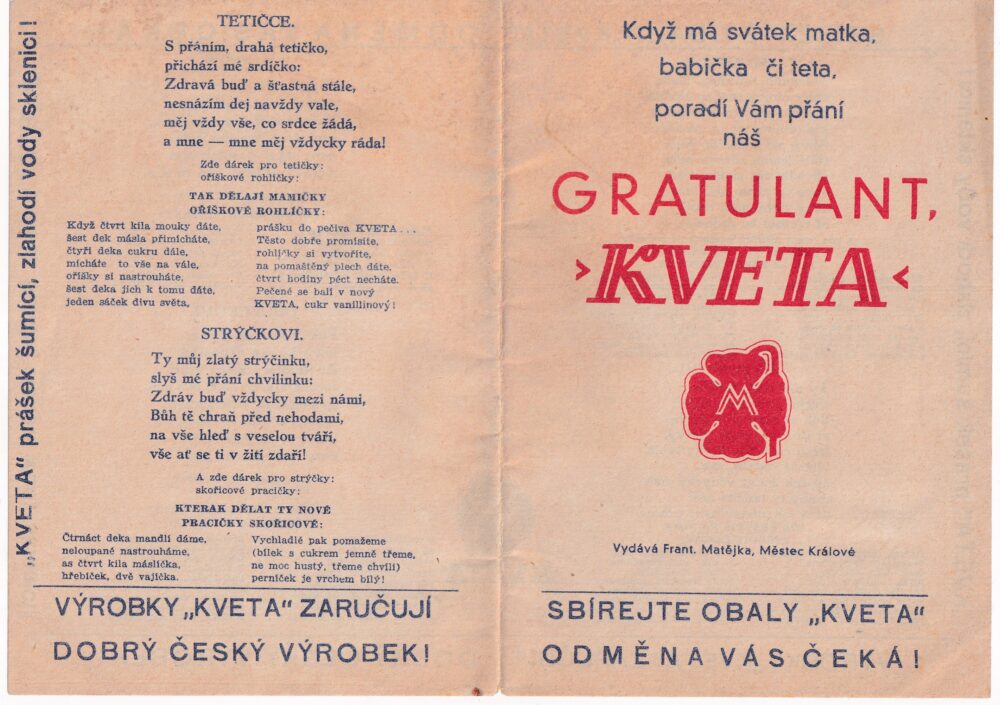 Leták KVETA prášek šumící, Fr.Matějka, Měštec Králové 1.pol.20.st.