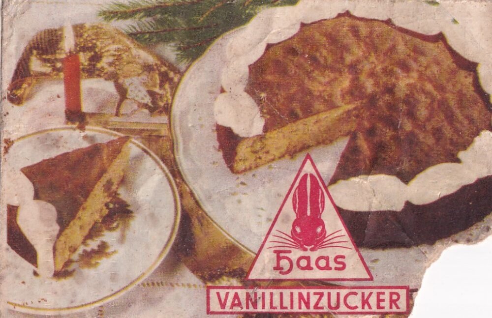 Sáček vanilkový cukr Haas, recept fazolový dort 1.pol.20.st.