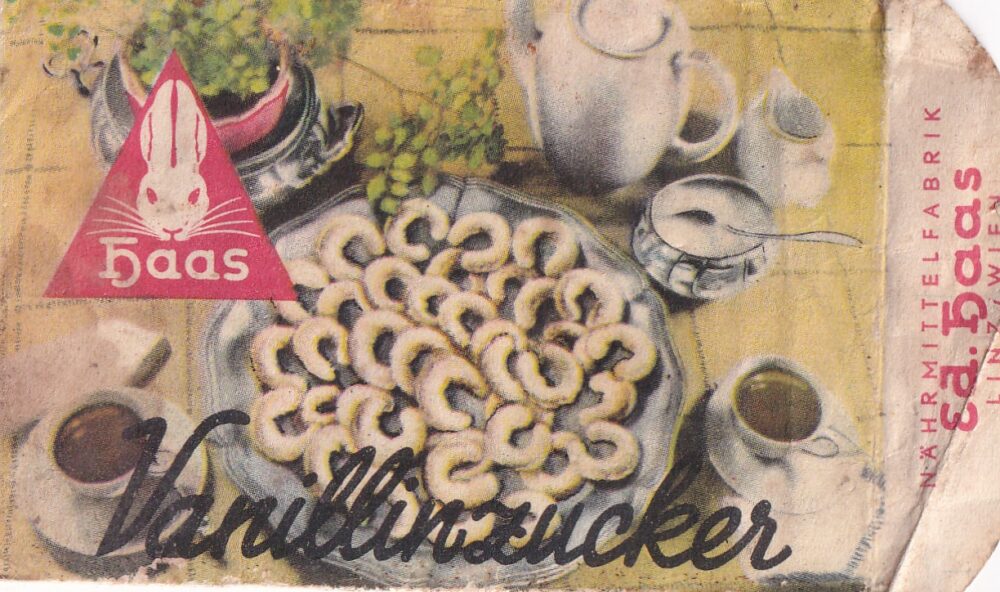 Sáček vanilkový cukr Haas, recept vanilkové rohlíčky 1.pol.20.st.