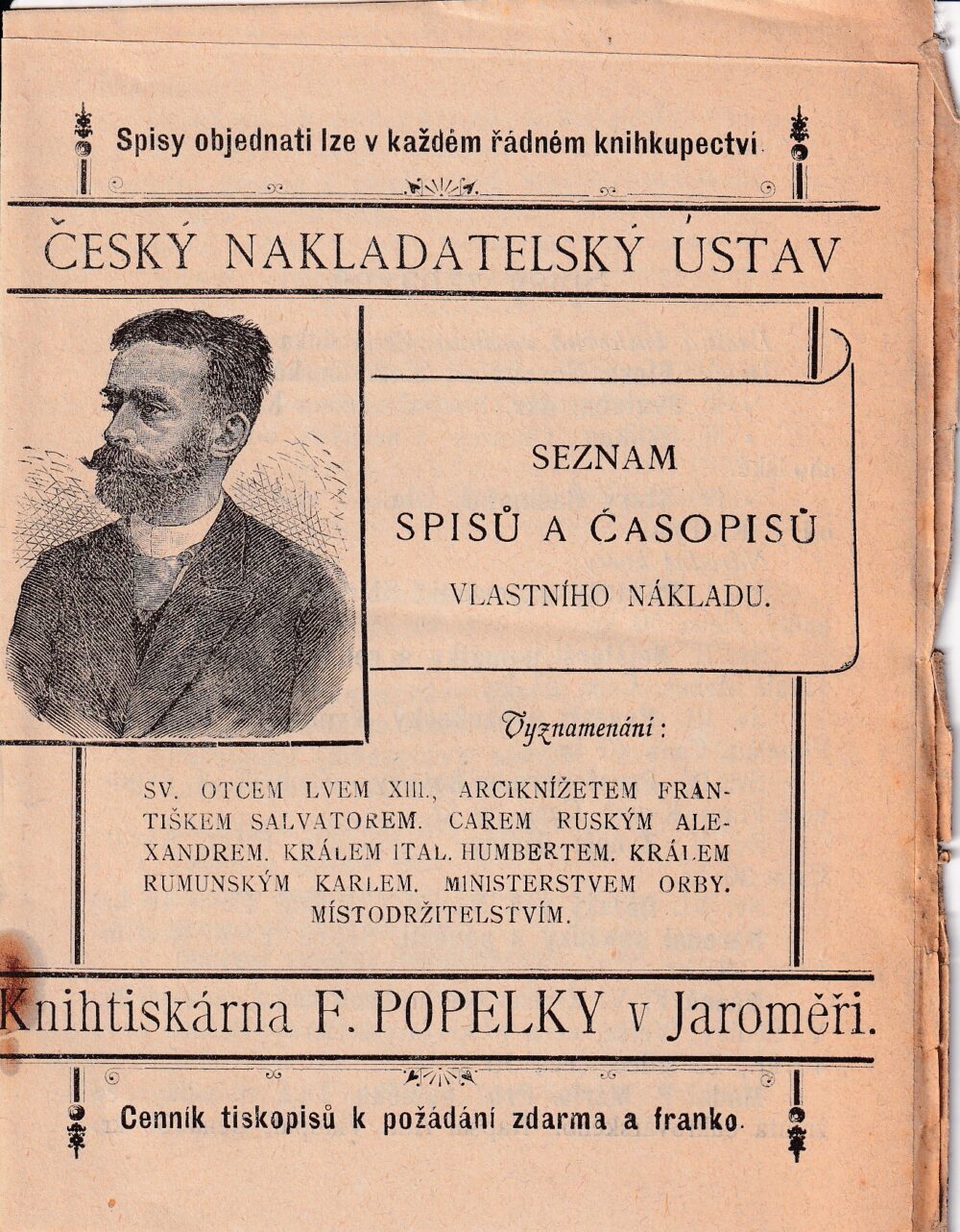 Leták Knihtiskárna F.Popelky v Jaroměři,seznam spisů...1.pol.20.st.
