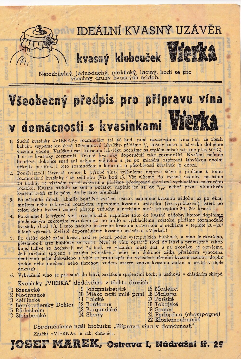 Leták Vierka – kvasný klobouček, předpisy na víno 1.pol.20.st.