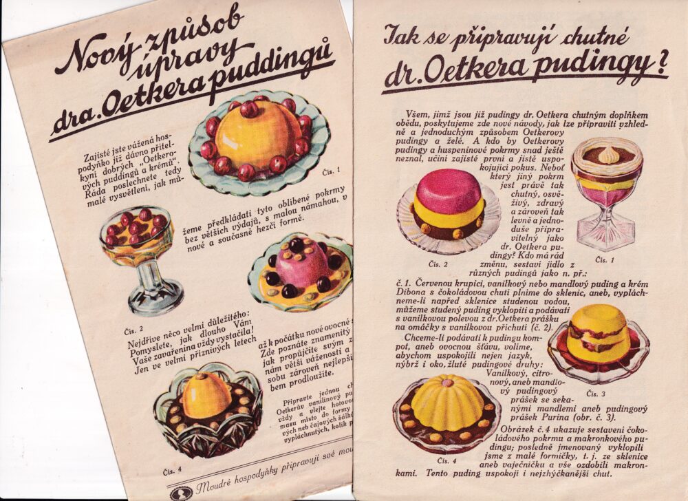 Letáky Dr.Oetker – recepty z pudingu, 2 ks 1.pol.20.stol.
