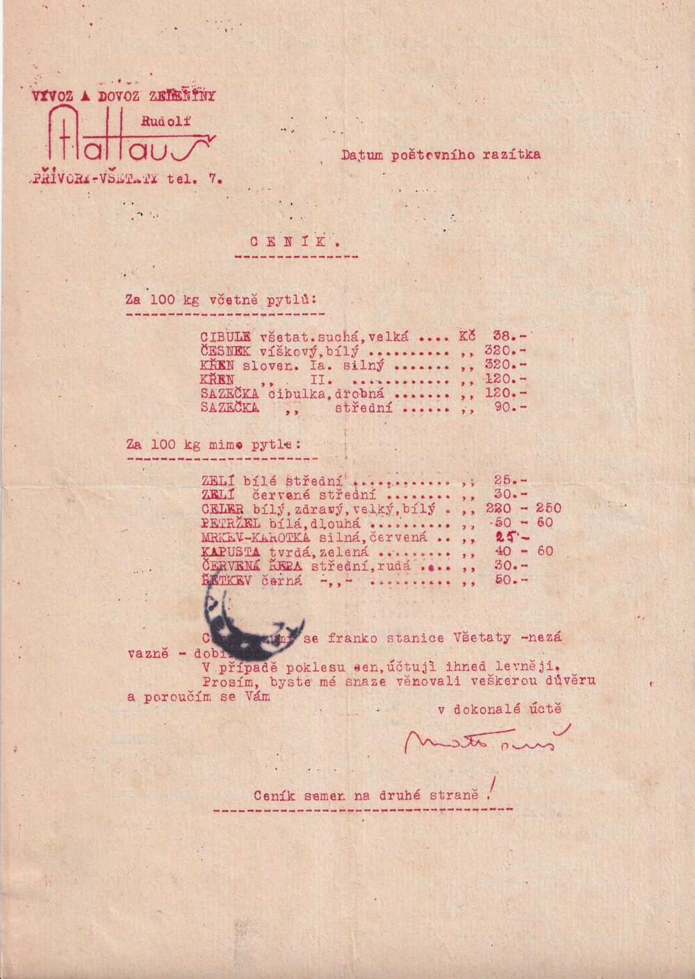 Ceník Vývoz a dovoz zeleniny, Matouš Přívory-Všetaty r.1937