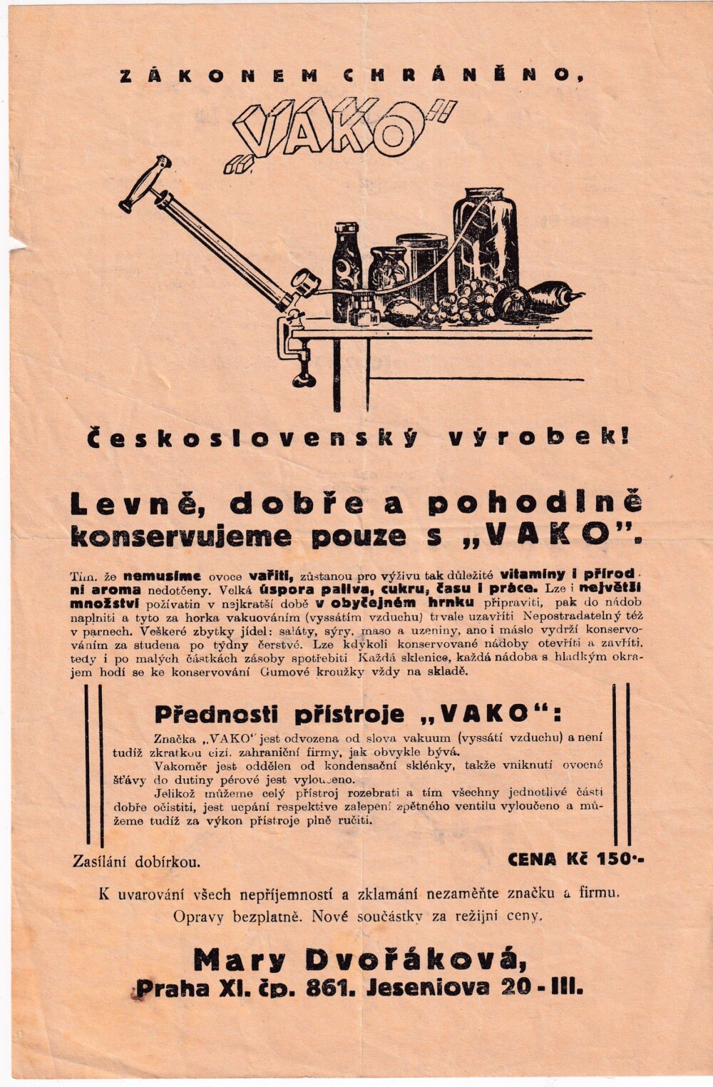 Leták VAKO, přístroj ke konzervaci potravin, 1.pol.20.stol.