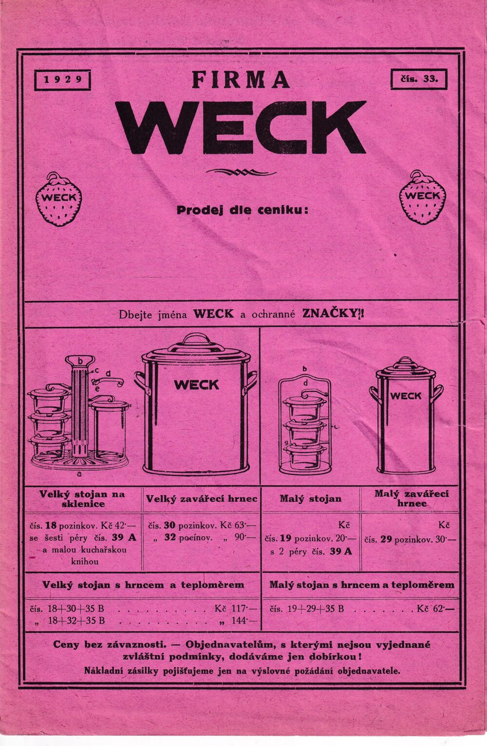 Leták WECK, ceník na výrobky Weck k zavařování, 1.pol.20.st.