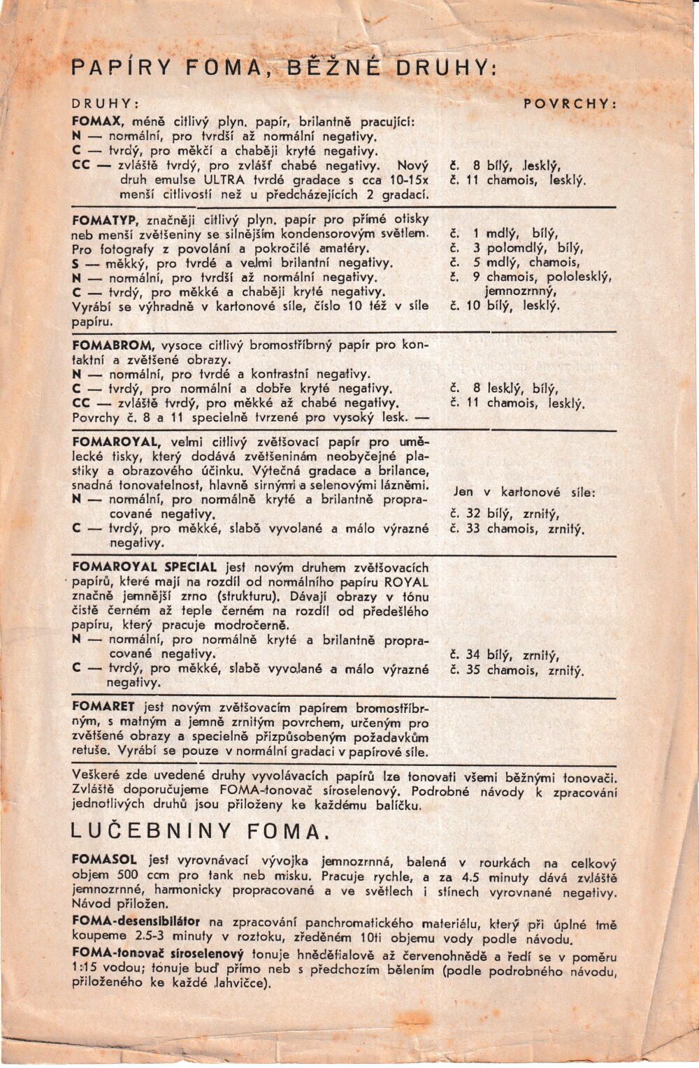 Leták Foma papíry, lučebniny Foma, Fomasol...foto 1.pol.20.stol.