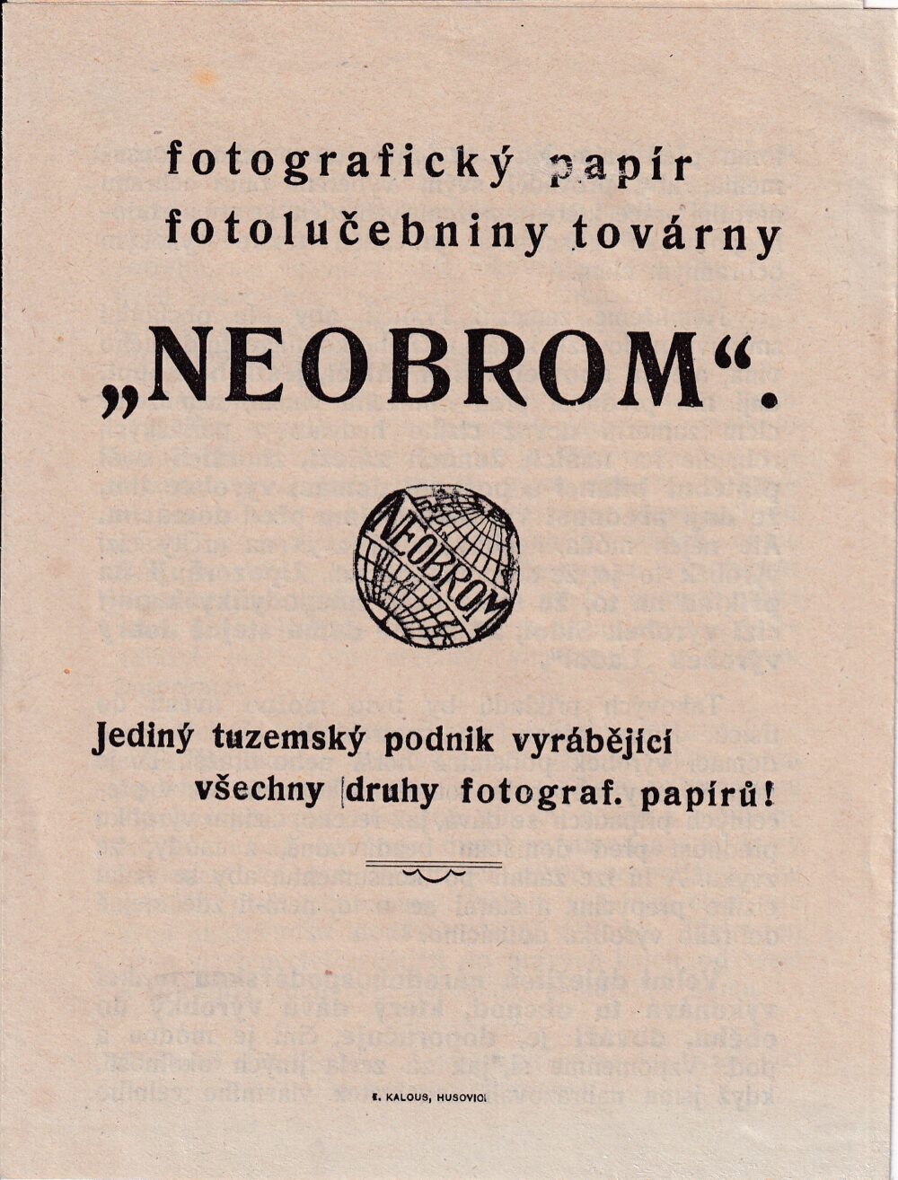 Leták Neobrom, fotografický papír, fotolučebniny továrny 1.pol.20.st.