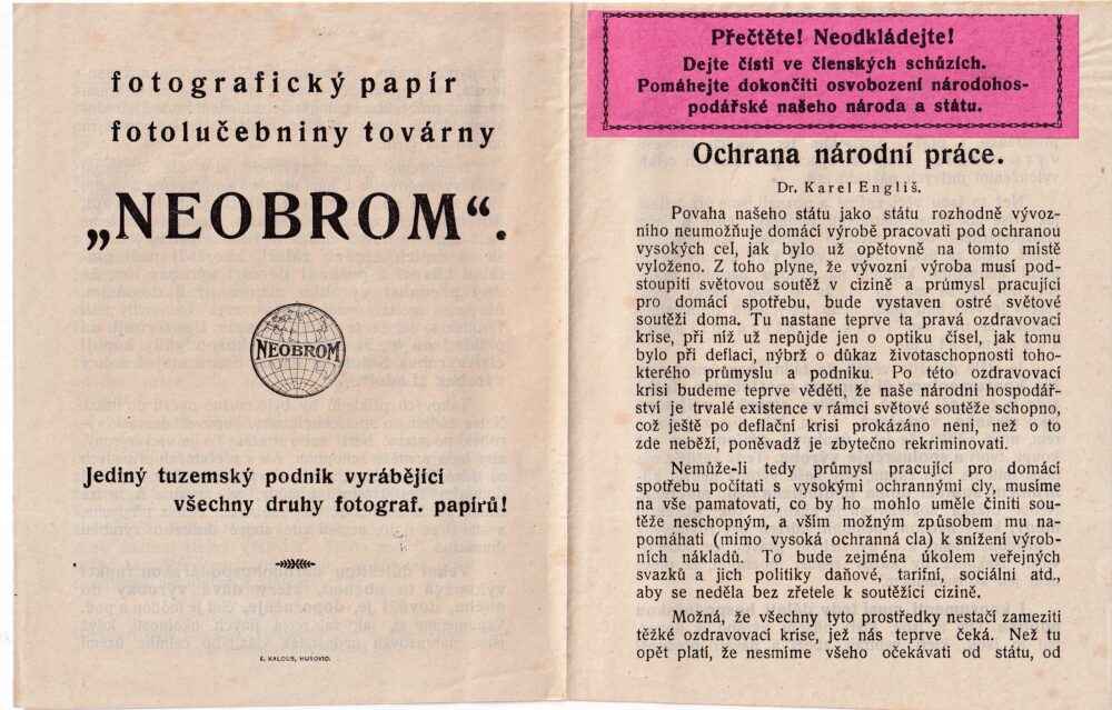 Otisk z lidových novin z r.1923 Ochrana národní práce Dr.K. Engliš