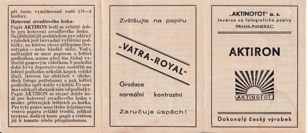 Leták Aktinofot, továrna na fotografické papíry Aktiron, 1.pol.20.stol.