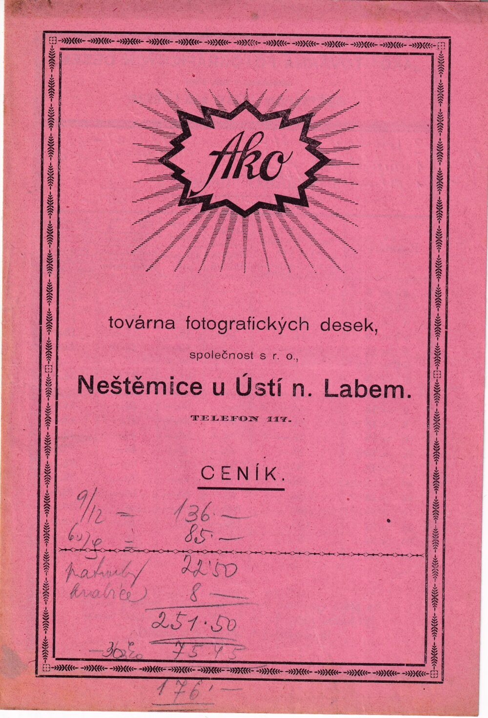 Leták AKO exposiční tabulka továrna foto.desek Neštěmice 1.pol.20.st.