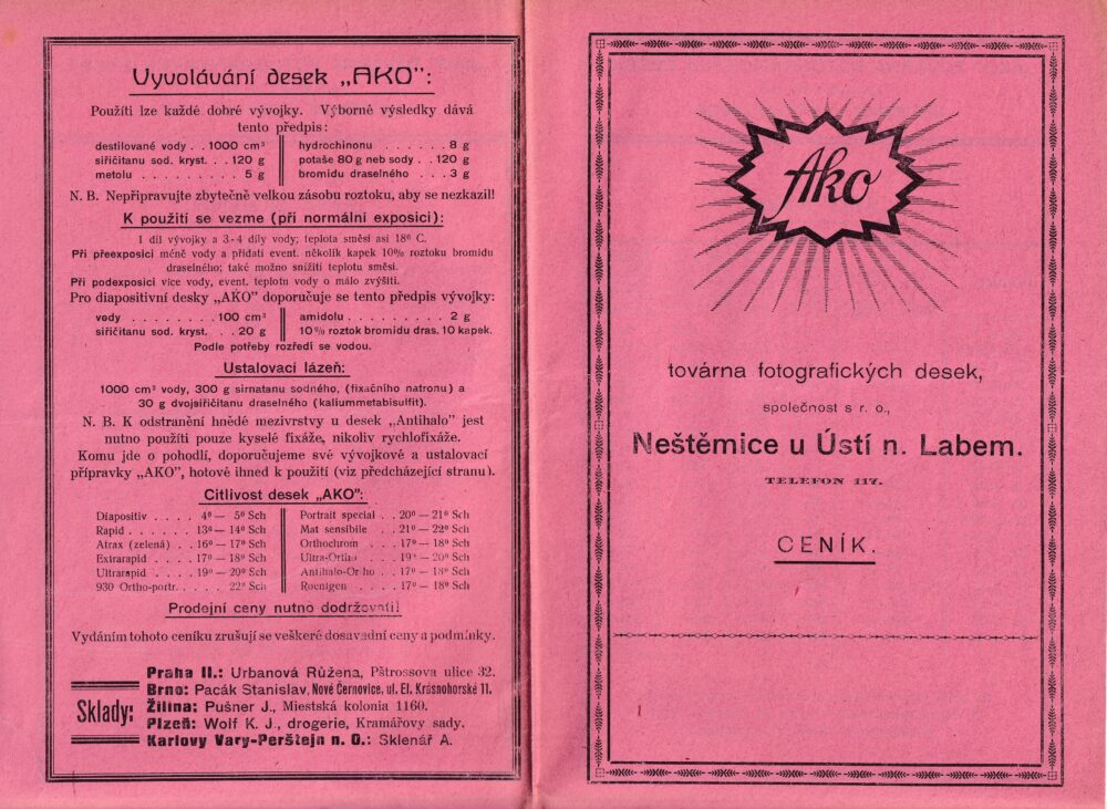 Leták AKO exposiční tabulka továrna foto.desek Neštěmice 1.pol.20.st.