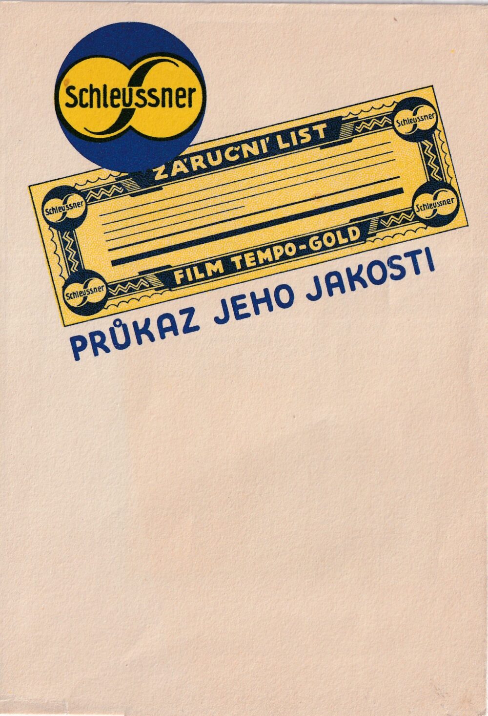 Průkaz jeho jakosti, záruční list, film tempo-gold Schleussner 1.pol.20.st.