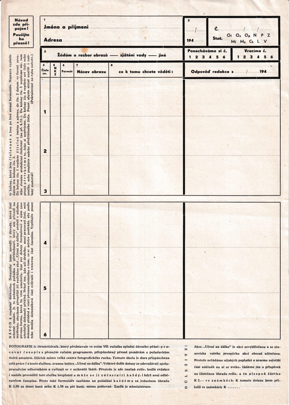 Dotazník návod k vyplnění dotazníku,foto OptikoTechna Přerov 2.pol.20.st.