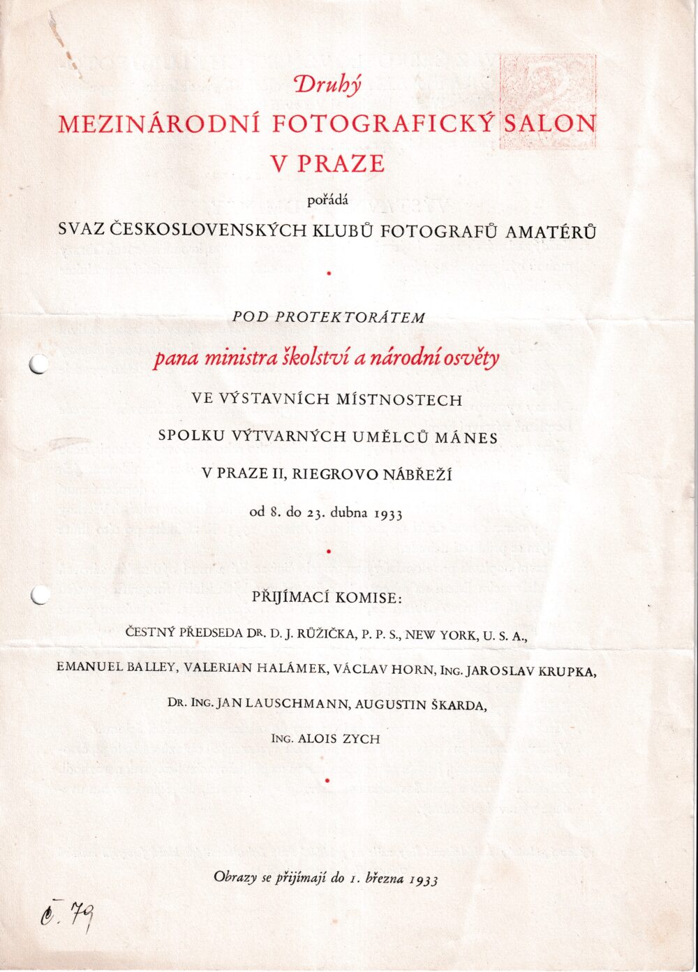 Přihlašovací list pro II.mezinárodní fotografický salon, podmínky, r.1933