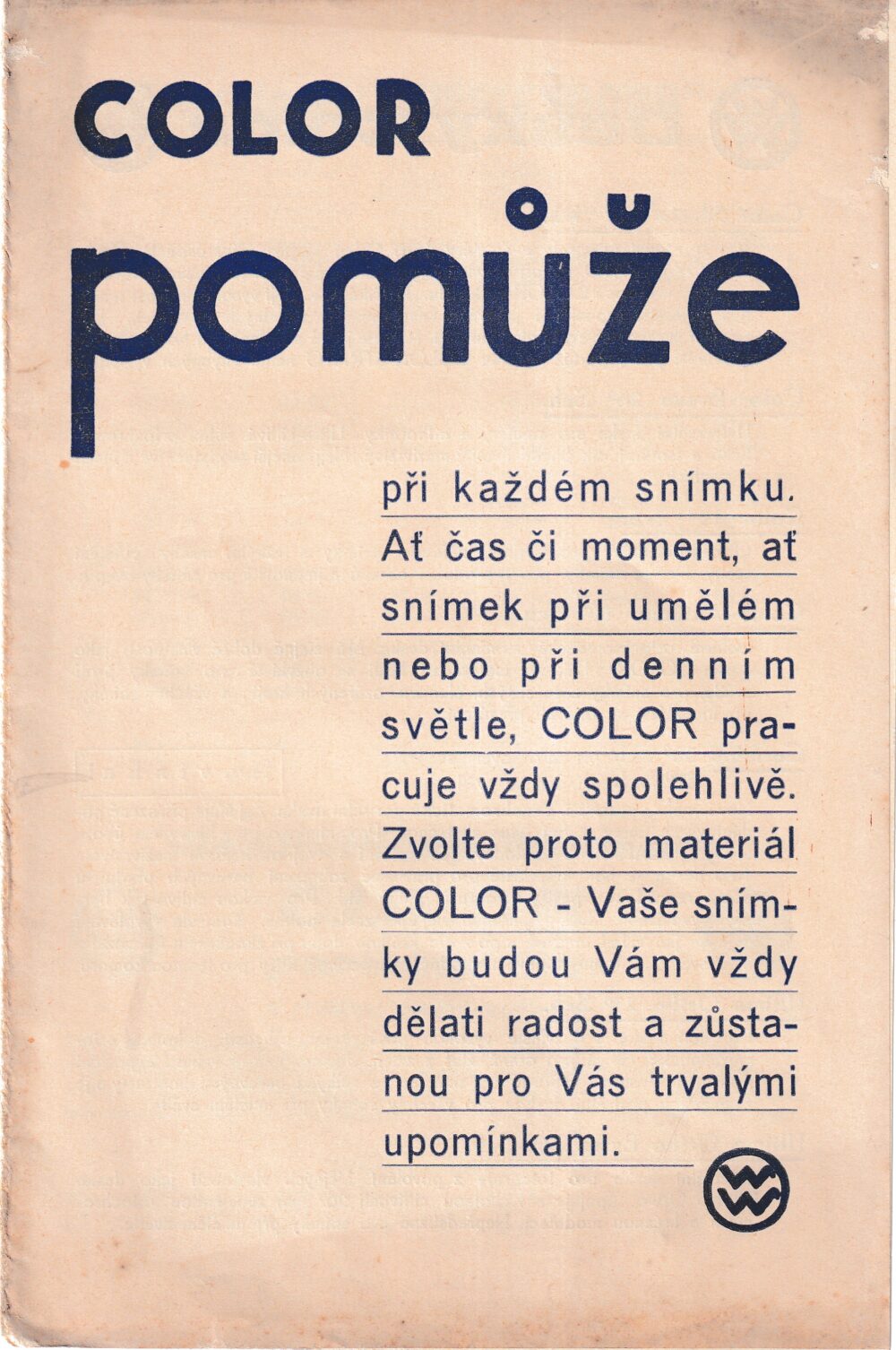 Leták  Westendorp-Wehner COLOR portrétní film, Wachtl Praha 1.pol.20.st.