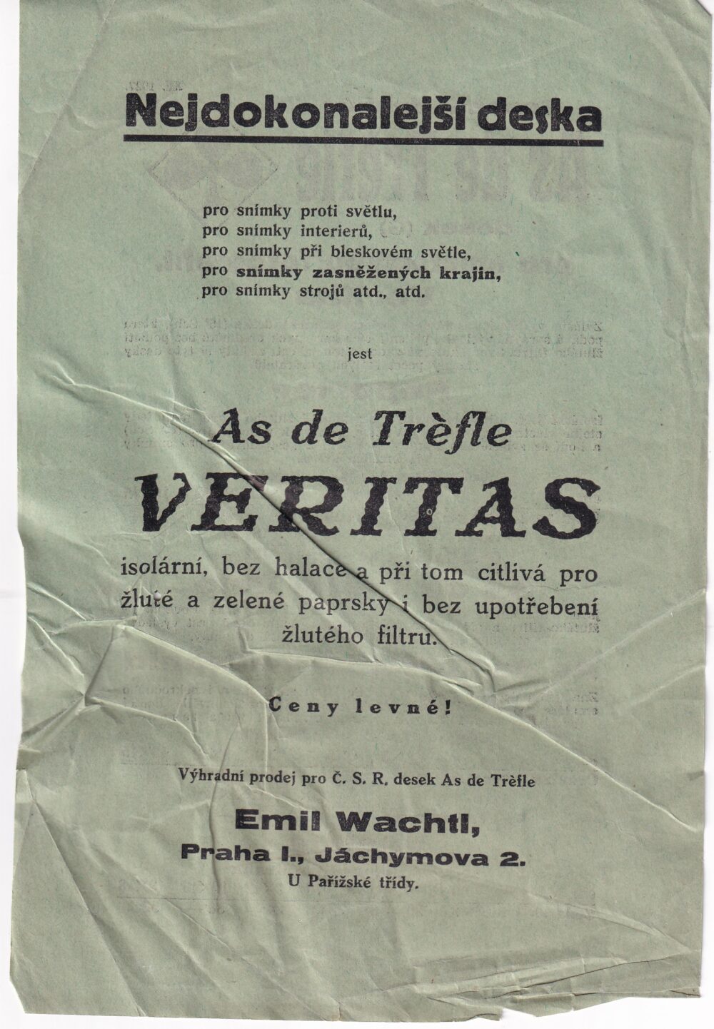 Leták Seznam druhů  As de Tréfle desek pro amaterskou fotografii, 1927