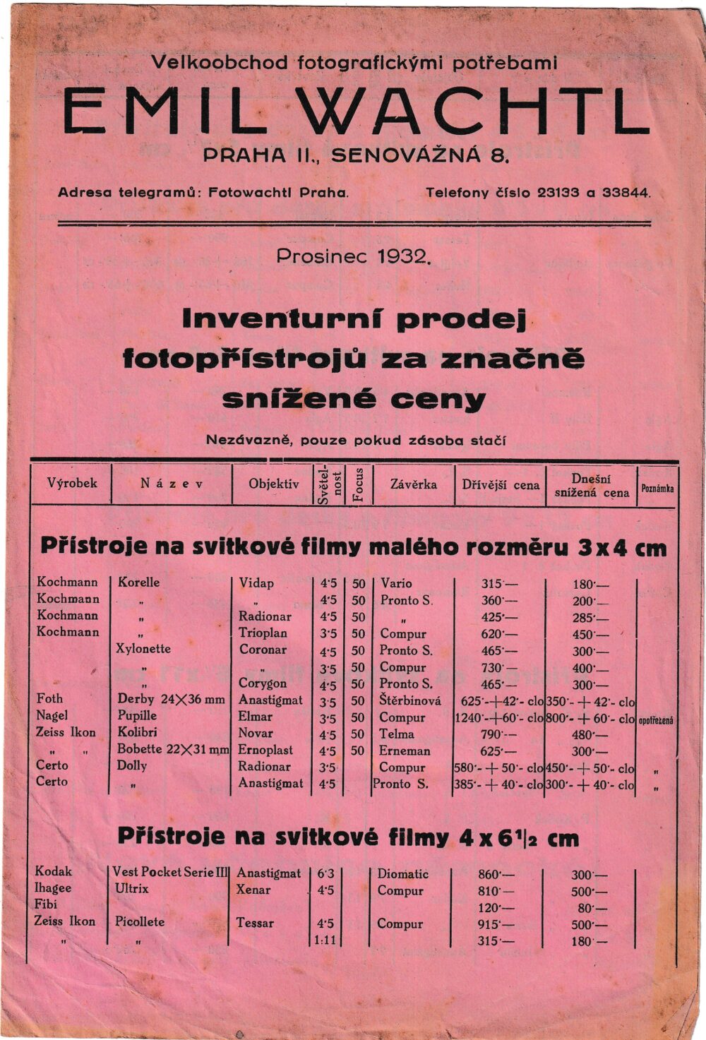Leták Fotopřístroje-ceník, Merkur zvětšovací přístroje, E.Wachtl r.1932