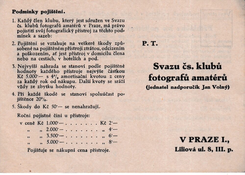 Přihláška ku pojištění fotografického přístroje, podmínky pojištění 1928