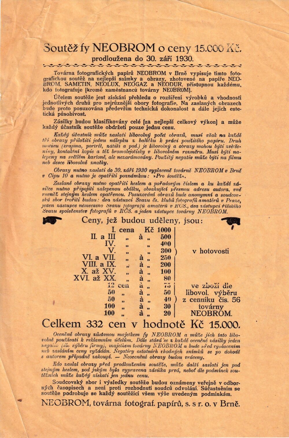 Leták Soutěž fy NEOBROM o ceny, továrna fotografických papírů 1930