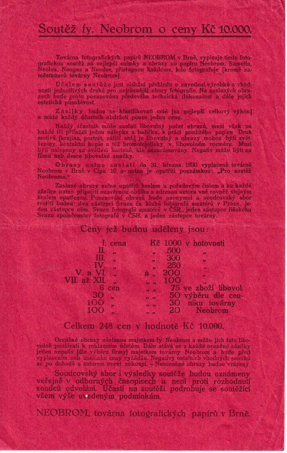 Leták Soutěž fy Neobrom o ceny, továrna fotografických papírů Brno 1930