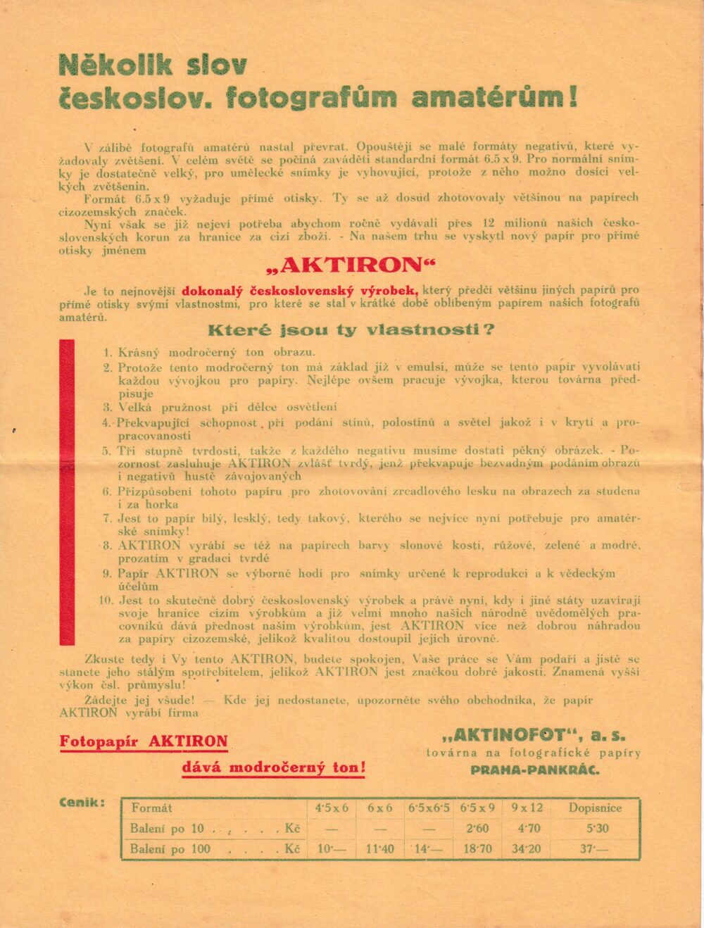 Leták Fotopapír Aktiron-ceník, Aktinofot Praha-Pankrác 1.pol.20.stol.