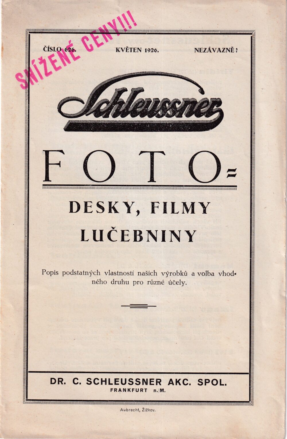 Leták FOTO-desky,filmy,lučebniny, ceník Schleussner 1926