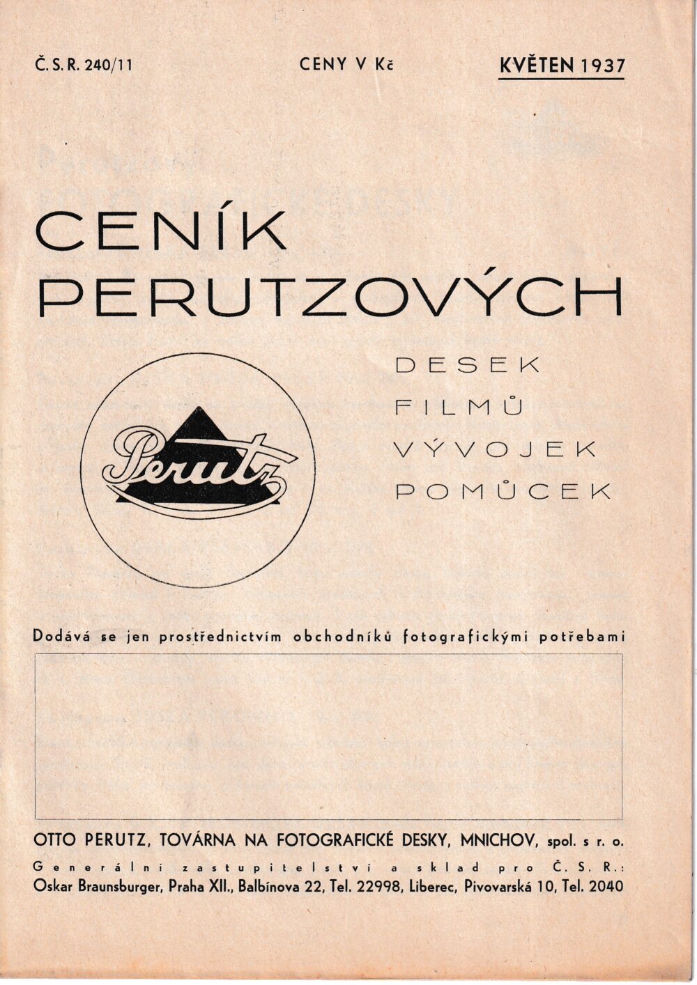 Ceník desek, filmů, vývojek, pomůcek...Perutz, Mnichov 1937