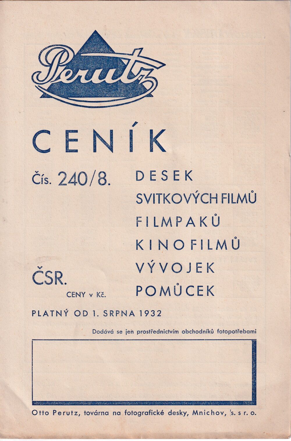 Ceník desek,kino filmů, vývojek, pomůcek... Perutz, Mnichov 1932