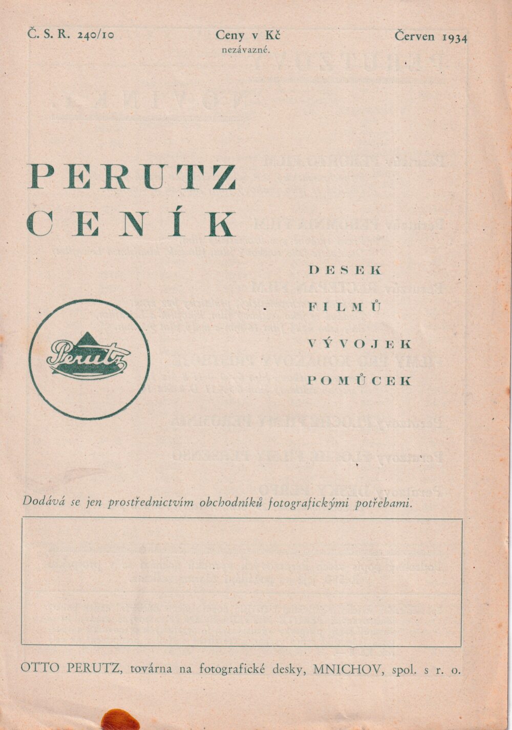 Perutz ceník desek,filmů,vývojek,pomůcek Perutz Mnichov 1934