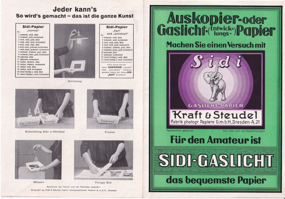 Leták Továrna na fotografické papíry, zn.Slon Kraft&Steudel, 20.stol.