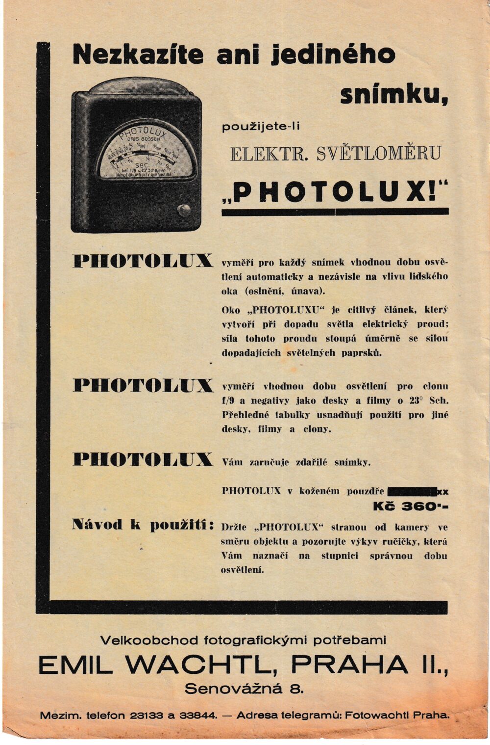 Leták Photolux elektr.světloměr, fotografické potřeby Wachtl 1.pol.20.st.