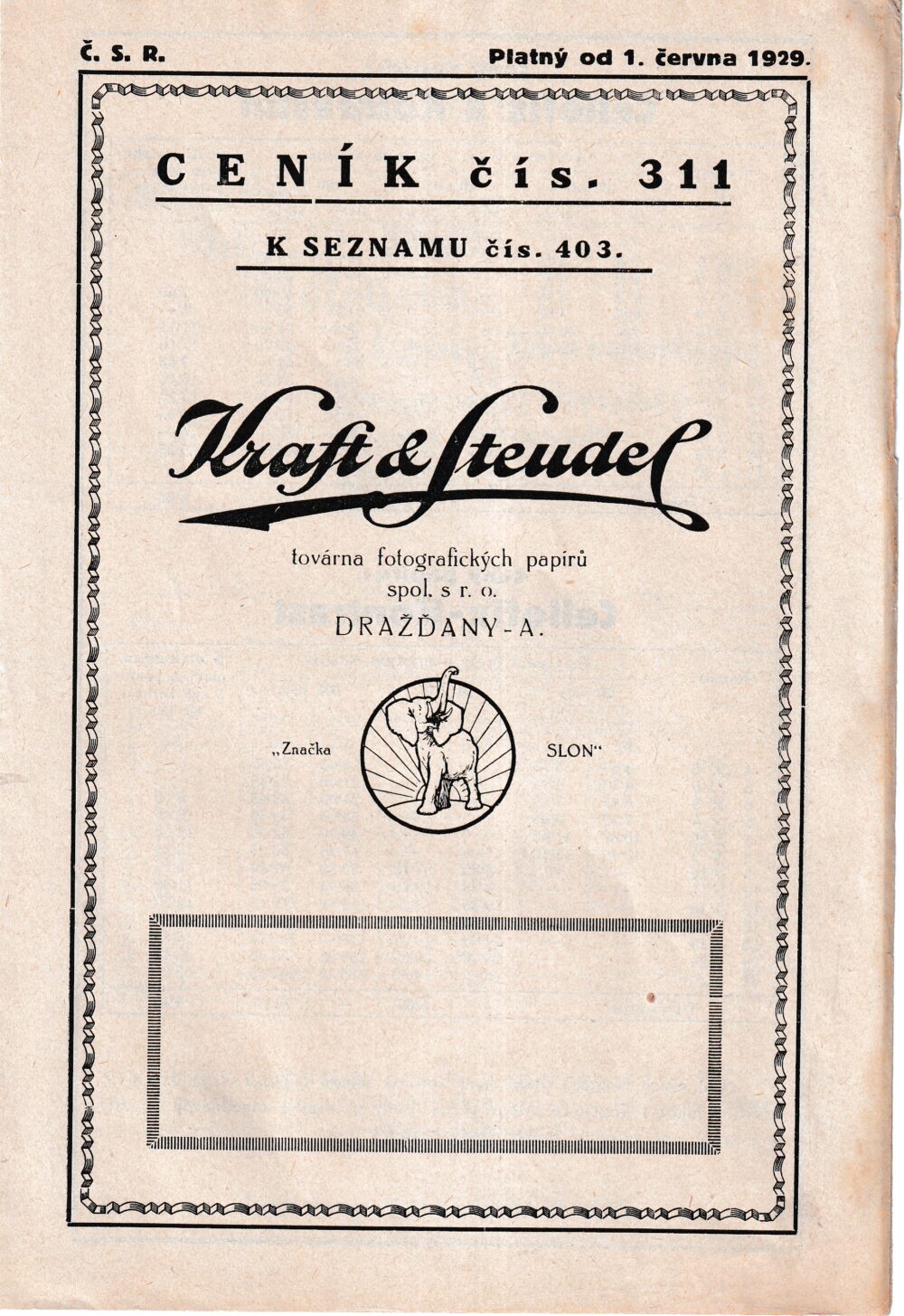 Ceník fotografických papírů, zn.Slon Kraft&Steudel, Drážďany r.1929