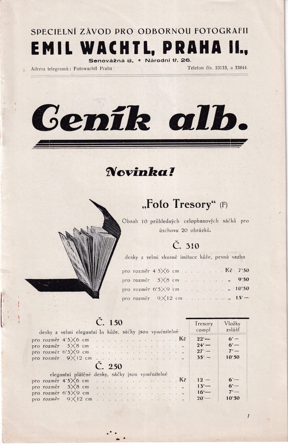 Ceník Foto alb-alba zasunovací, k lepení fotografií...Wachtl 1.pol.20.st.