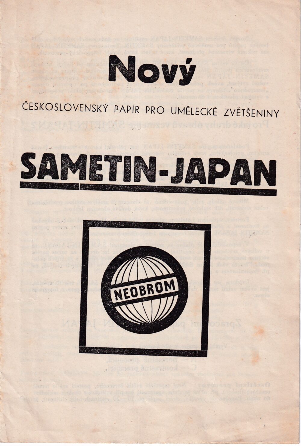 Leták Sametin-Japan Neobrom, fotografický materiál 1.pol.20.stol.