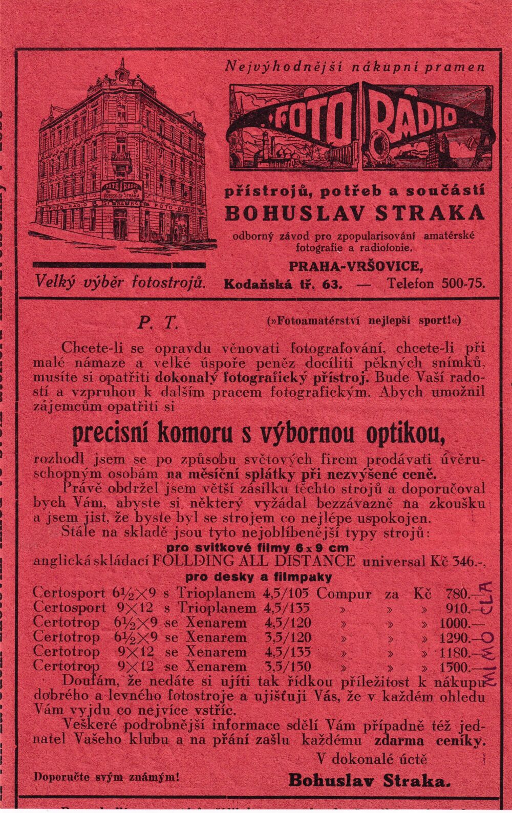 Leták Foto přístroje, potřeby, fotostroje...ceník B.Straka 1.pol.20.st.