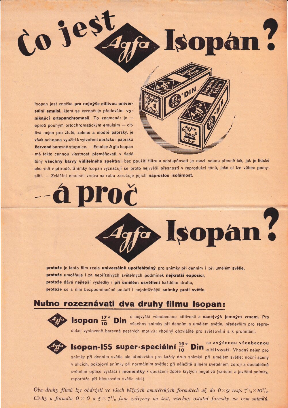 Leták Co jest a proč Agfa Isopan? Foto film, 1.pol.20.stol.