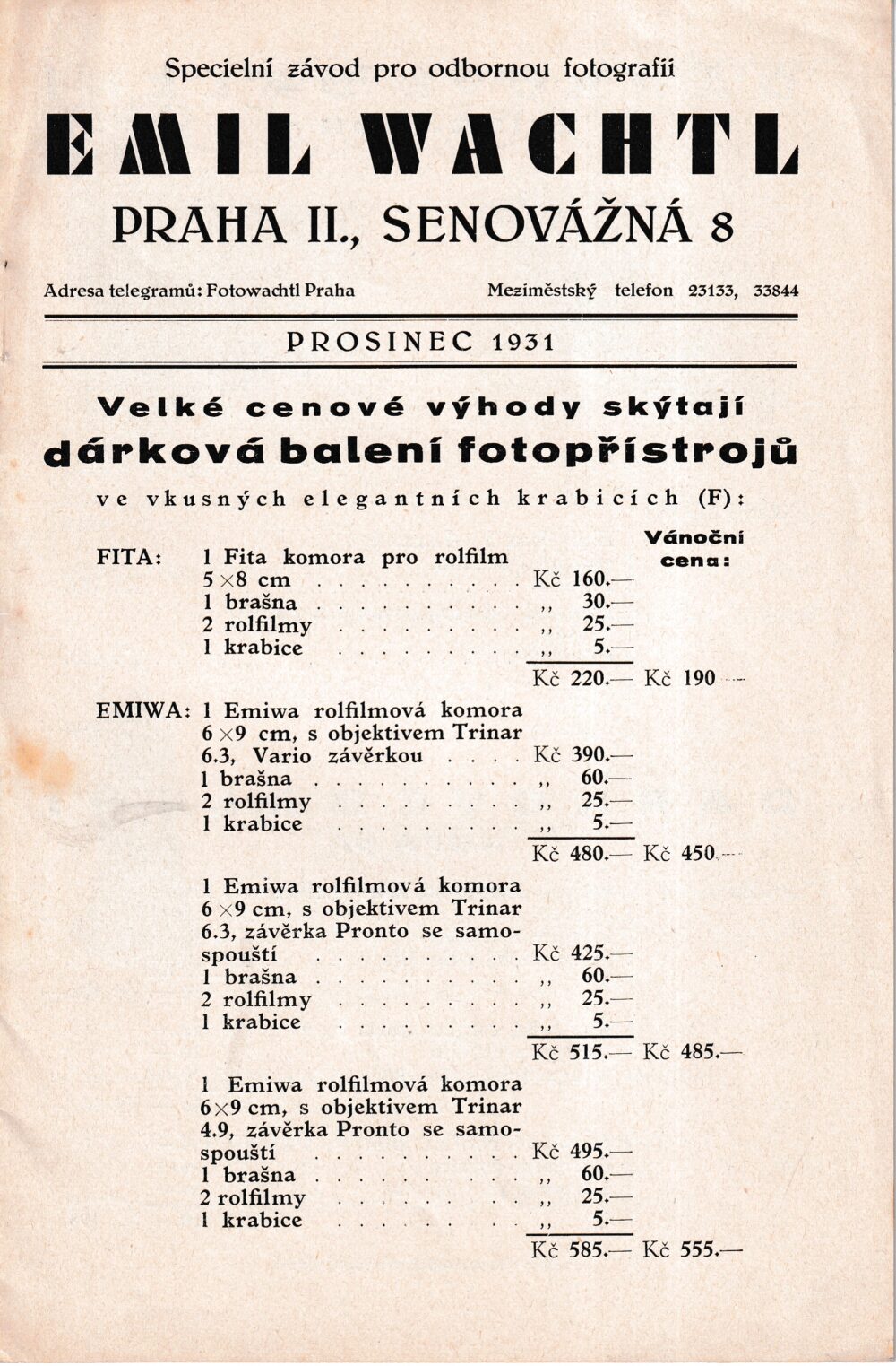 Brožura Fotoaparáty, dárkové balení fotopřístrojů...ceník Wachtl 1931