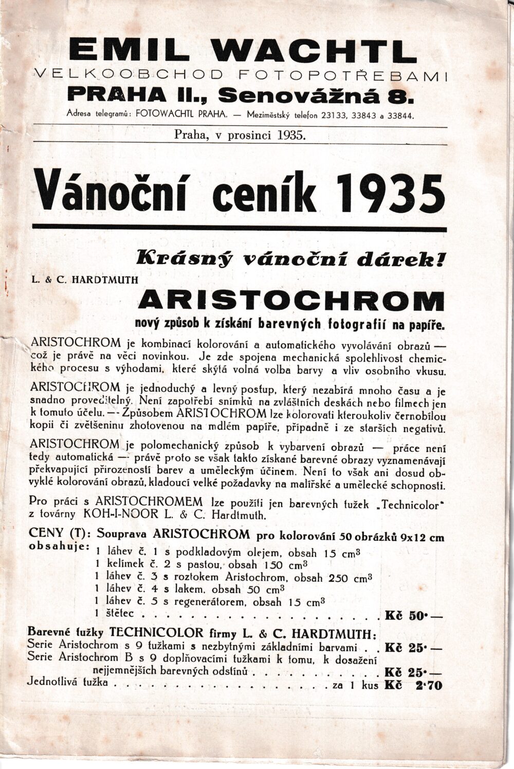 Vánoční ceník-fotopotřeby, fotopřístroje různých značek, Wachtl 1935