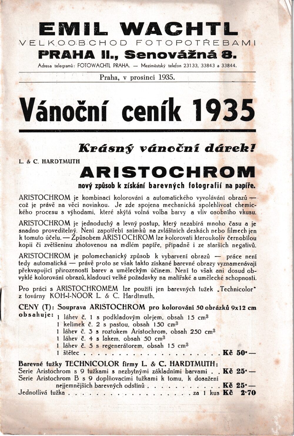 Vánoční ceník-fotopotřeby, fotopřístroje různých značek, Wachtl 1935