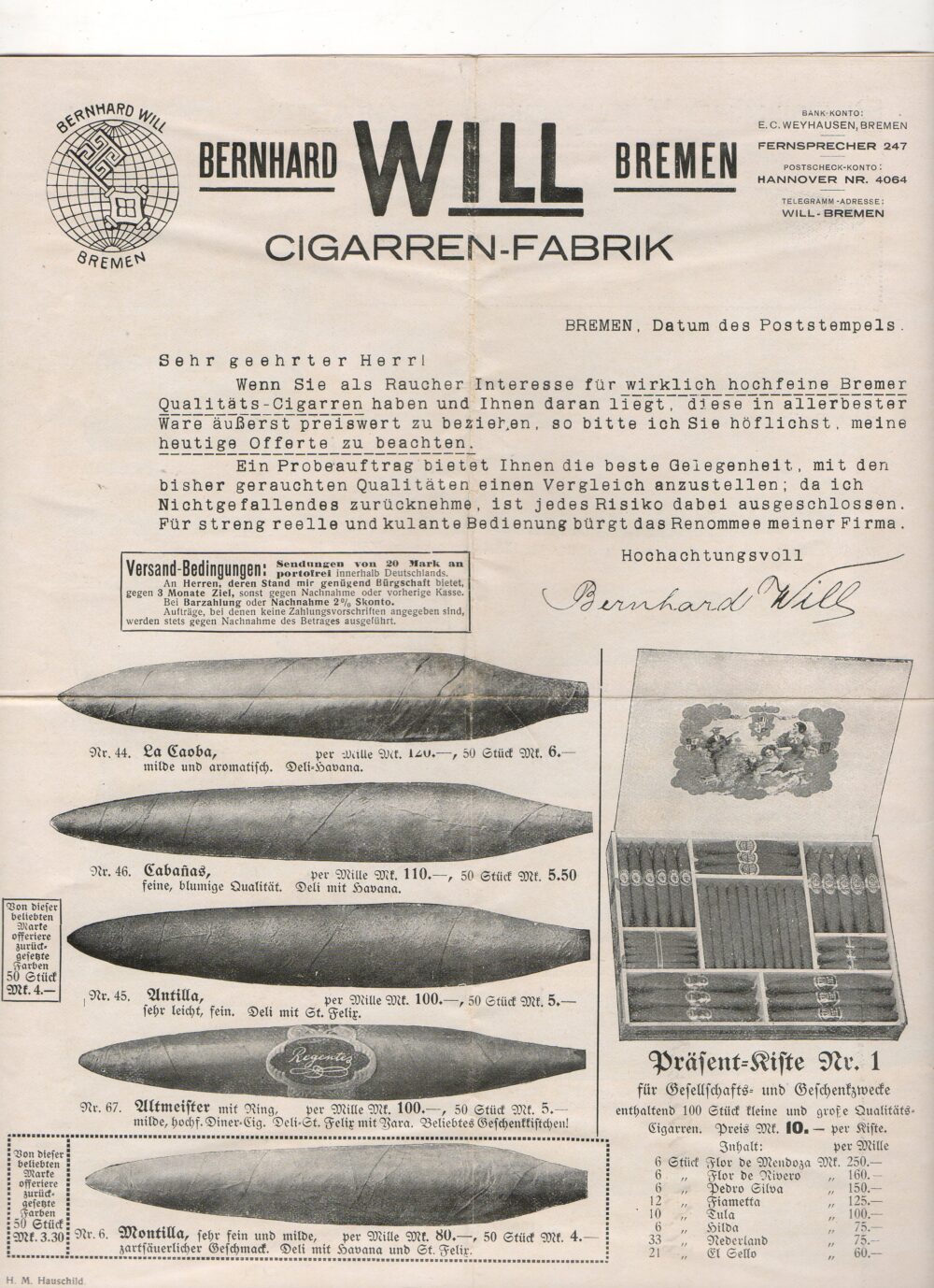 Leták cigarety a doutníky B. Will, Brémy